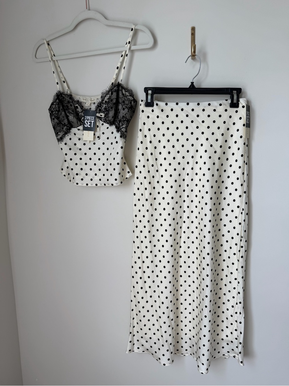 Cream black Polka Dot midi Skirt and tank top two piece Set with Lace Trim